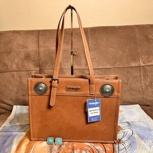 Wrangler Montana West Cognac Vegan Leather Tote and Earrings Bundle